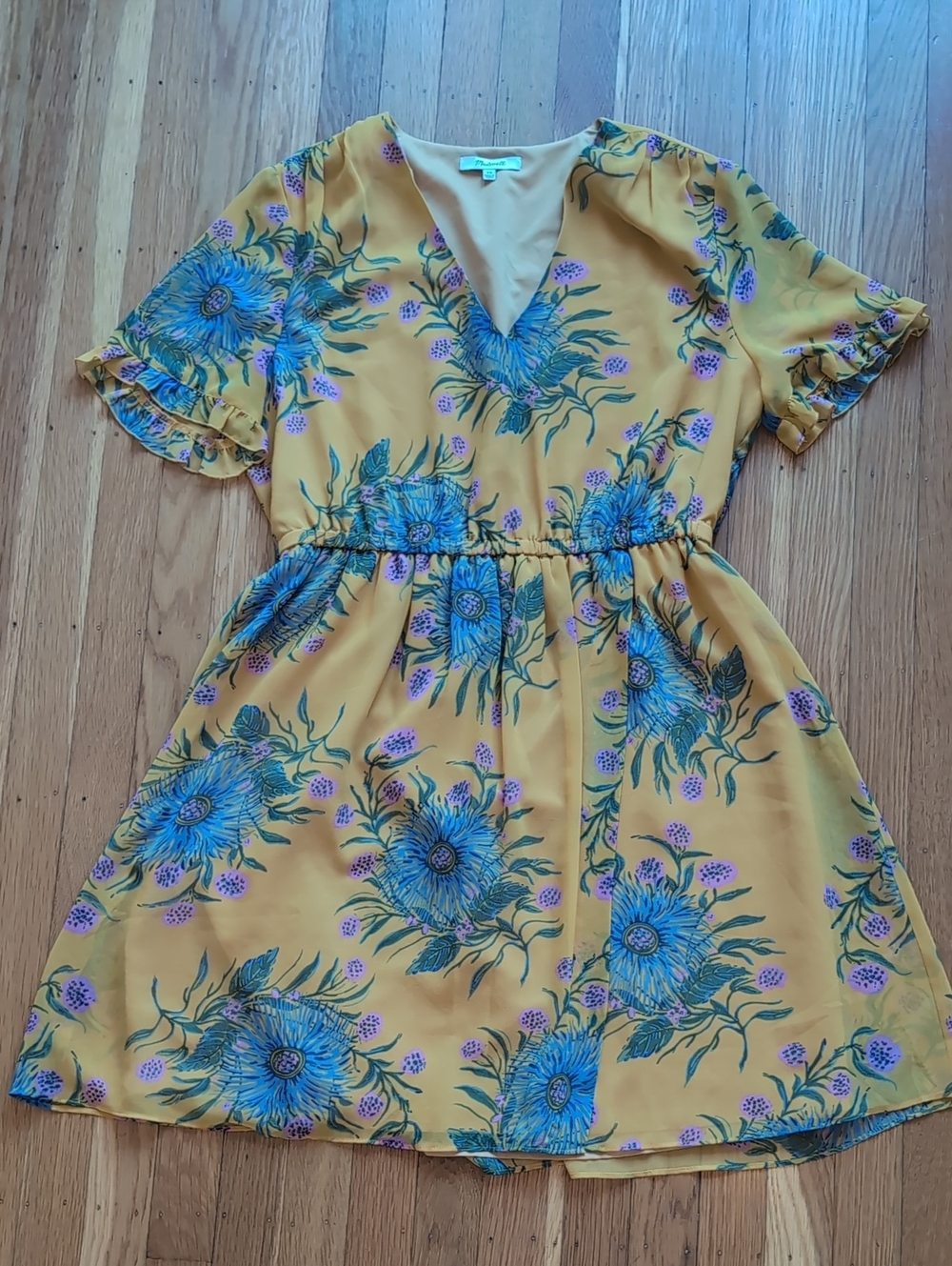 Madewell Mustard Dress with Blue and Pink Floral Accents size 10